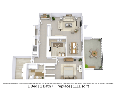 A 3D floor plan providing an angled view of the A layout showing furniture arrangement and fireplace placement. Includes 1 bedroom, 1 bathroom, and 1,111 Sq. Ft.